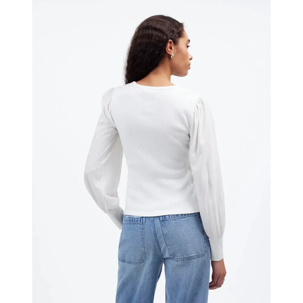 Madewell NU768 Top Womens Small White Cotton Ribbed Puff Sleeve Crew Neck RED101